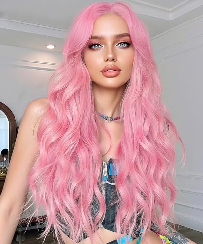 30 Inch Pink Wigs for Women Long Wavy Wigs Light Pink Wig Colorful Curly Wig Natural Looking Middle Part Synthetic Heat Resistant Wigs for Cosplay Halloween Christmas Gifts Party Daily Use