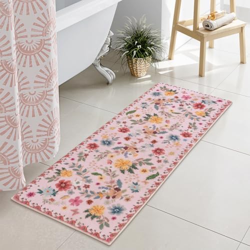Uphome Cute Bathroom Runner, Pink Floral Long Bathroom Rug, Boho Ultra Soft Non-Slip Bath Mat, Machine Washable Colorful Flower Large Rugs for Entryway Bedroom Hallway, 18x47inch