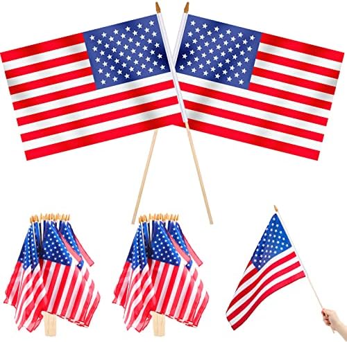 Newwiee 24 Pcs American Flags on Stick 12 x 18 Inch 4th of July Handheld USA Flags with Safety Spear Top for Independence Memorial Day Patriotic Parades Veteran Party Yard Garden Decoration