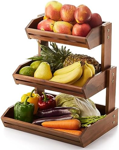 HOLANA Acacia Wood Fruit Basket - Fruit Bowl for Kitchen Counter, Fruteros Para Cocina , Fruit and Vegetable Storage (Acacia, 3 Tier)