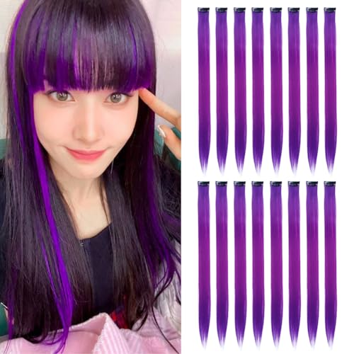 Purple Clip in on Colored Hair Extensions 20inch One Color Clip on Hairpieces Long Straight Halloween Cosplay Christmas Party Highlights Synthetic Colorful Hair for Women Girls 16Pcs