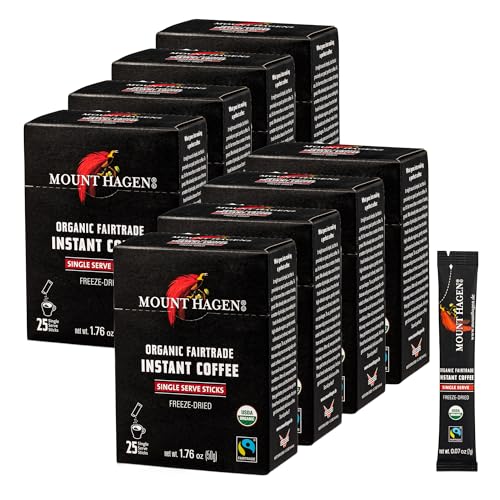 Mount Hagen 25 Count Single Serve Instant Coffee Packets - 8 Pack | Organic Medium Roast Arabica Beans | Eco-friendly, Fair-Trade [8 x 25 sticks/1.76oz/50g]