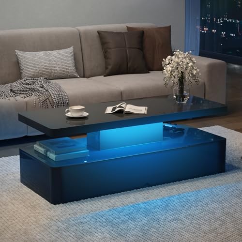 MXV Modern Coffee Table, 40 Inches Coffee Tables with 16 Colors LED Lights, 2 Tier Rectangular Center Table, Large Storage Space, High Glossy Wooden Tea Table for Living Room, Bedroom, Office, Black