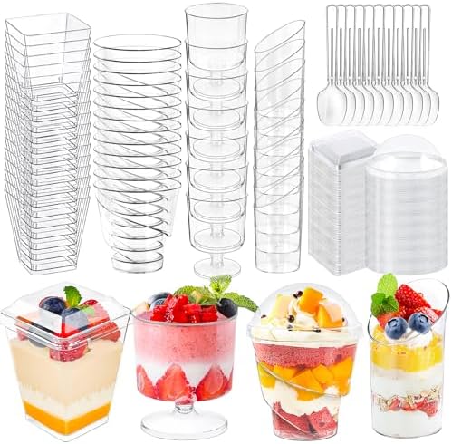 380 Pack Mini Dessert Cups with Spoons and lids, 3 and 5 oz Mini Clear Parfait Cups, Shooters Cups for Party, Round Yogurt Cups, Reusable Fruit Ice Cream Cake Pudding Cups