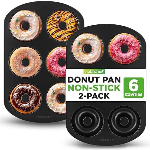 NutriChef Nonstick Donut Pans for Baking | 6 Durable & Easy to Clean Doughnut Molds | Fits Full-Sized Doughnuts | Oven Safe Up To 450F | Bake Perfect Donuts & Bagels | 12.5 x 8.5 Donut Trays | 2 Pack
