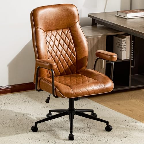 Leather Home Office Desk Chairs, Comfy Office Chair, Mid Century Modern Office Chair with Lumbar Support, Mid-Back Adjustable Swivel Computer Chair with Wheels and Arms, Brown
