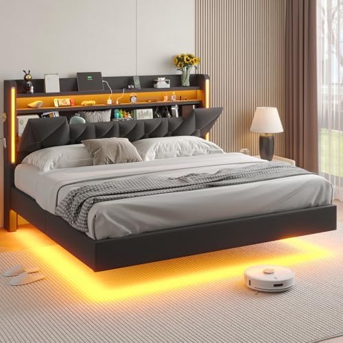 Floating Bed Frame,Floating Bed with LED Lights & Private Storage Headboard,King Size Bed Frame with Charging Station, Fabric Platform Bed,King Size Bed No Box Spring Needed, Noise-Free,Dark Gray