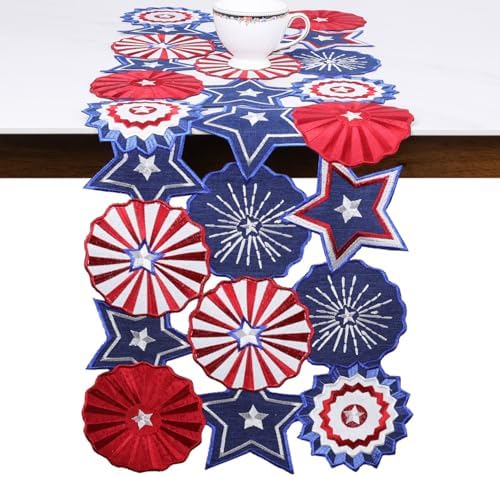 4th of July Table Runner Embroidered, Patriotic Table Decorations Red White and Blue Memorial Day Americana Kitchen Dining Table Decor 36 Independence Day Cutout Fireworks