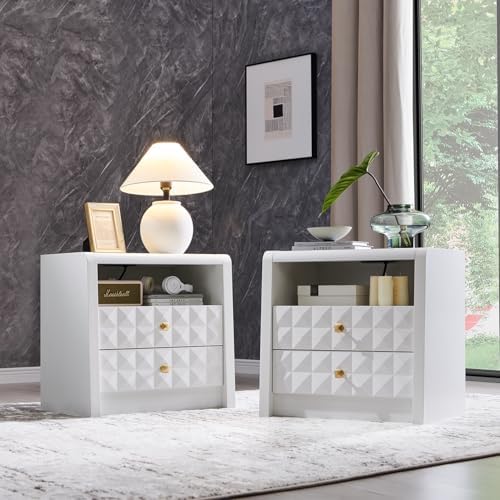 Modern Night Stand Set 2, 23.62" Wide Wood Side Table w/2 Storage Drawers &Open Shelf &Charging Station, Mid Century Modern Bedside w/Diamond Panel Decorate for Bedroom, Curved Profile Design, White