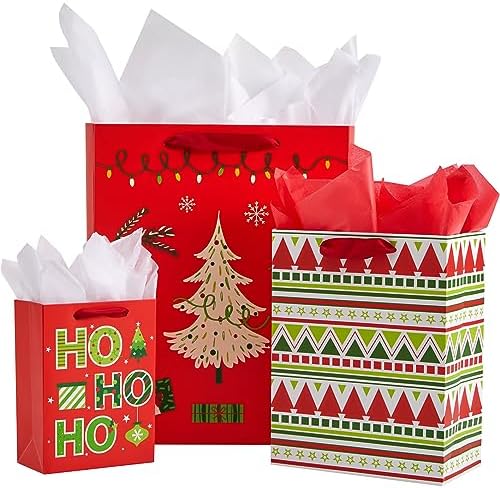 SUNCOLOR Christmas Gift Bags Assorted Sizes with Tissue Paper, 9 Pack, Red Holiday Theme Bags, Large 13x10.2, Medium 9x7, Small 6.3x4.7 inches