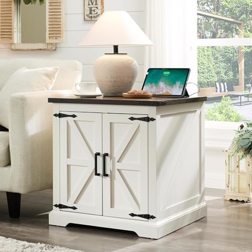 Farmhouse End Table with Charging Station,24" Large Sofa Side Table with Barn Door, Rustic Wood Square Nightstand Bedside Table with Adjustable Shelf for Living Room, Bedroom,Antique White
