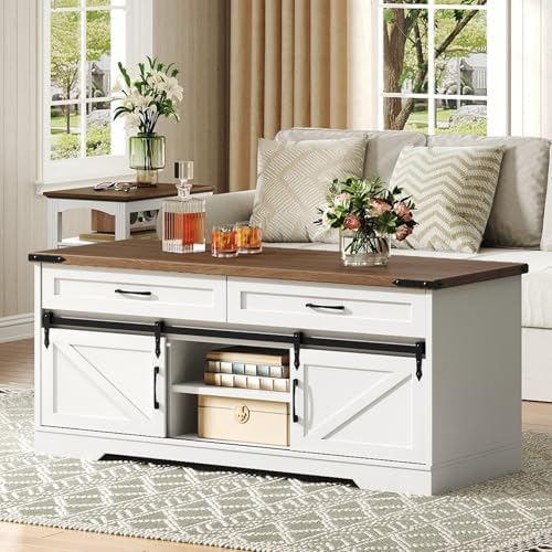 47" Farmhouse Coffee Table with Storage and 2 Drawers, Large Rustic Center Table with Sliding Barn Doors & Open Compartments, Wooden Coffee Table for Living Room, White and Walnut