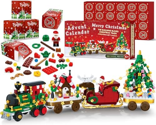 Advent Calendar 2025 Christmas Train Building Blocks Set, 24 Boxs Surprise Christmas Countdown Toy Building Kits With LED Light,Thanksgiving Xmas Gifts for Kids Adults