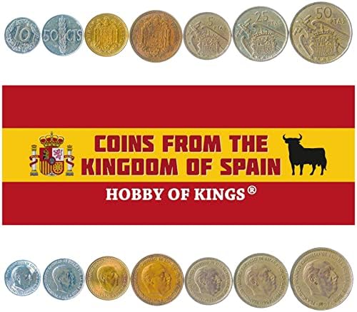 7 Coins from Spain | Spanish Coin Set Collection | 10 50 Centimos 1 2.5 5 25 50 Pesetas | Circulated 1946-1966 | Francisco Franco