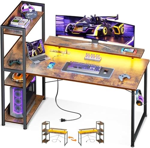 ODK Reversible Gaming Desk with Power Outlets and LED Lights, 48 Inch Computer Desk with Storage Shelves and Monitor Stand, Modern Writing Study Desk for Home Office, Rustic Brown