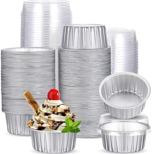 150 Pcs Aluminum Foil Baking Cup Disposable Ramekins with Lids 5oz Mini Cupcake Liners Flan Mold Mini Cake Pans with Lids Disposable Cake Tins for Pudding Desert Creme Brulee (Silver)