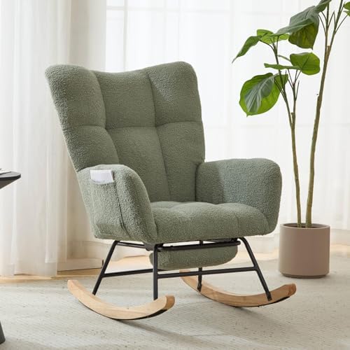 Nursery Rocking Chair Teddy Upholstered Glider Rocker with Footrest Accent Chair with High Backrest Armchair Comfy Side Pocket Chair for Living Room, Bedroom, Offices (Large Green)