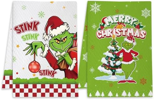 Merry Christmas Kitchen Towel, 2 Pcs Green Red Santa Snowflake Xmas Dish Towels Waffle Absorbent Hand Dish Towels for Kitchen Bathroom Home Decorations, Christmas Sock Stuffers for Friends Fans Gifts