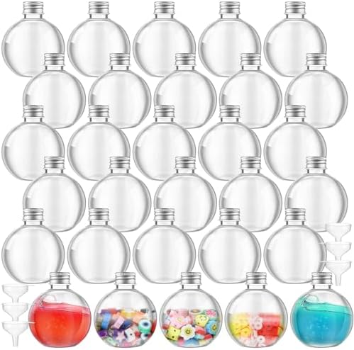 Jinei 30 Pcs 6 oz Ball Shape Plastic Sand Art Bottles Spherical Clear Plastic Potion Bottles Christmas Cocktail Ornament Balls for DIY Wedding Party Gift Crafts Decoration (Silver,Aluminum Cap)