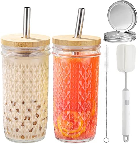 2 Pcs Glass Cups Set - 24oz Mason Jar Drinking Glasses with Bamboo Lids & Straws & 2 Airtight Lids, Cute Reusable Smoothie cup, Iced Coffee Glasses, Travel Tumbler for Bubble Tea, Juice