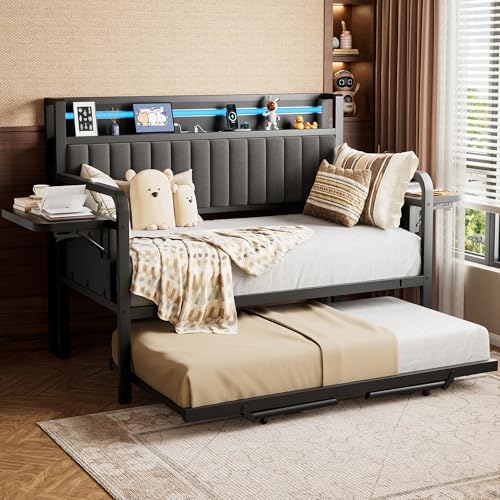 Daybed with Trundle and LED Light, Heavy Duty Metal Twin Bed Frame with Upholstered Storage Headboard & Charging Station, Day Bed Pop Up Trundle Bed Twin for Living Room,Bedroom and Guest Room (Black)