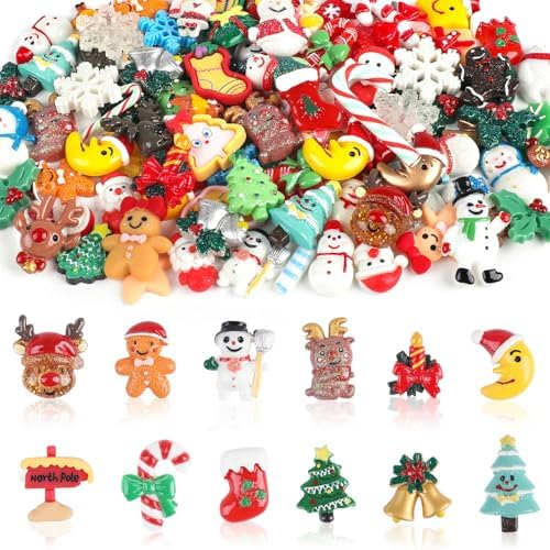 CCINEE 100pcs Christmas Resin Slime Charms for Craft, Santa Snowman Tree Bell Deer Slime Charm Miniature Ornaments for Scrapbooking DIY Craft Making Christmas Decorations