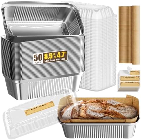 50 Pack Aluminum Loaf Pans with Lids Stickers and Parchment Paper Sheets,2.4Lb Heavy Duty Aluminum Foil Premium Bread Tins - 8.5" X 4.7" X 2.2" Disposable Baking Pans