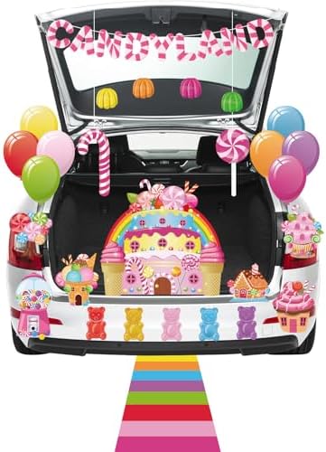 46 Pcs Halloween Candyland Trunk or Treat Outdoor Decoration Kit with Sweet Candy Lollipop Cutout Banner Balloons for SUV Car Arch Garage Door Haunted House Decoration Halloween Christmas Party Decor