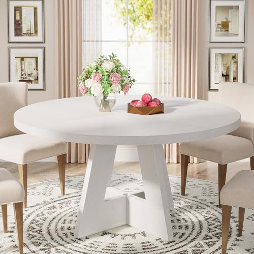 Tribesigns Round Dining Table Wood Kitchen Table for Dining Room, 47 in Dinning Room Tables for 4-6, Circle Dinner Table with Wooden Tabletop and Cross Base for Kitchen, White