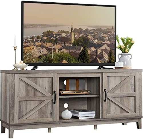 Yaheetech TV Stand for 65 Inch TV, Farmhouse TV Console Table for Living Room, Tall Entertainment Center with Double Barn Doors for Bedroom, Gray