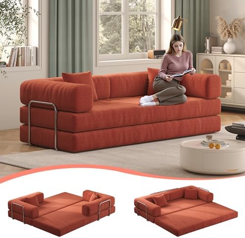 79" Convertible Sofa Bed with Pillows, Corduroy Folding Sleeper Sofa with Fixed-Shape Frame, Boneless Couch for Living Room Bedroom, Floor Sofa Lounge No Assembly Required (Orange)
