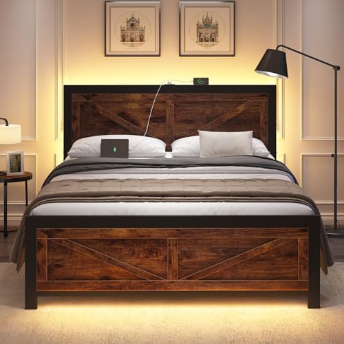Led Bed Frame Queen Size with Charging Station, Industrial Platform Bed Frame with Rustic Barn Door Wood Headboard, Strong Metal Slats Support, Noise Free, No Box Spring Needed, Brown