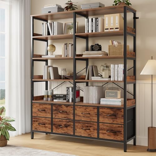 Bookshelf with 8 Fabric Drawers, 7-Tier Bookcase with Baffles Display Shelves, Industrial Large Book Shelf for Living Room Home Office, Rustic Brown