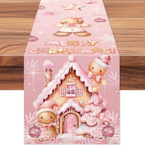 Pink Christmas Table Decorations Vintage Christmas Table Runner Winter Gingerbread Candy Cane Merry Xmas Seasonal Kitchen Dinning Tablerunner for Home Farmhouse Party Decor 13x32 inch