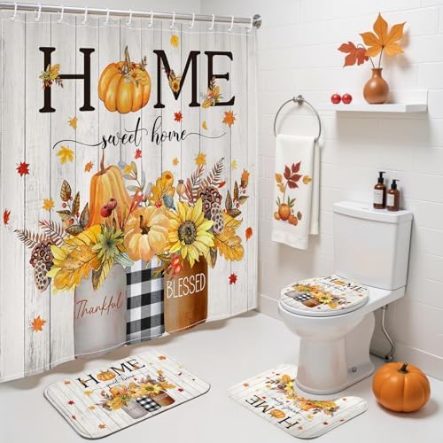 4 Pcs Fall Shower Curtain Set Autumn Pumpkin Maple Leaves Sunflowers with Shower Curtain Non Slip Bathroom Rug Toilet Lid Cover and Bath Mat Fall Home Bathroom Decor Set (Yellow, 72''x 72'')