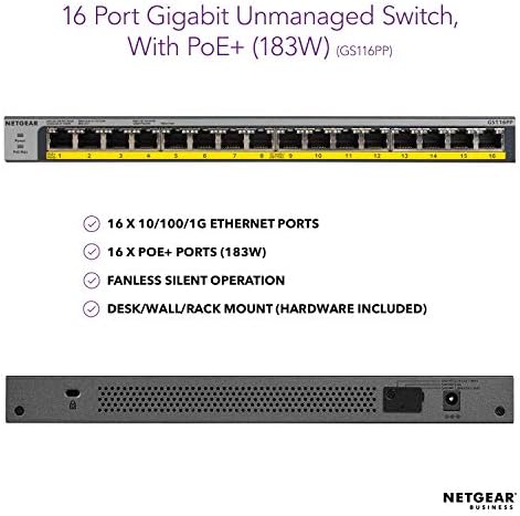 NETGEAR 16-Port Gigabit Ethernet Unmanaged PoE Switch (GS116PP) - with 16 x PoE+ @ 183W, Desktop/Rackmount, and ProSAFE Limited Lifetime Protection (Renewed)