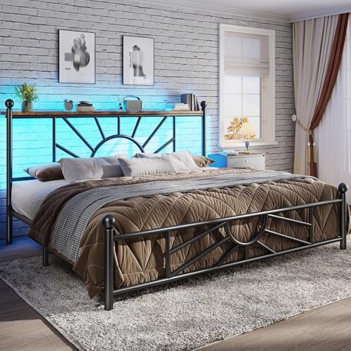 Metal King Bed Frame and Headboard, Footboard, King Size Bed Frame with LED Light, Mattress Foundation with Under Bed Storage/No Box Spring Needed/Noise-Free/Easy Assembly, Black