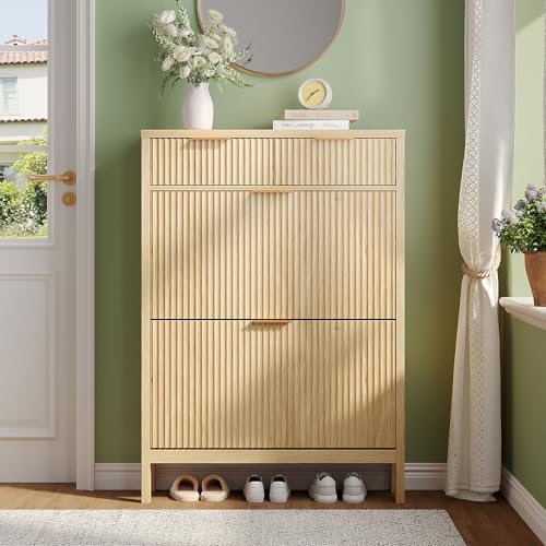 Fluted Shoe Storage Cabinet with 2 Flip Drawers, Freestanding Narrow Shoe Organizer with Wavy Wood Grain Design Shoe Rack with Adjustable Shelf for Entryway, Hallway, Front Door Entrance, Oak Natural