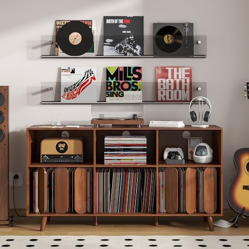 Large Record Player Stand, Vinyl Record Storage Holder, Record Player Table with Power Outlet, Record Storage Turntable Stand Record Stand Table (Walnut, 55.11''W)