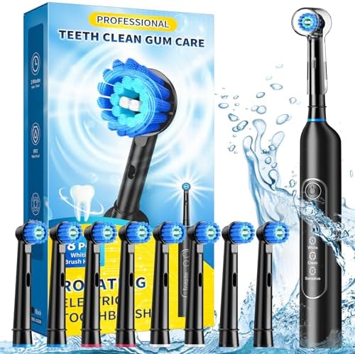 Rotating Electric Toothbrush for Adults with 8 Brush Heads, Sensitive Gum Care Electric Toothbrush with 3 Modes and 2 Min Smart Timer, Rechargeable Last 60 Days