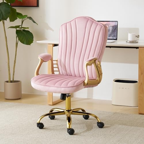 Velvet Home Office Chair with Gold Arms and Legs, Comfortable Upholstered Tufted Swivel Desk Chair Comfy with Wheels for Girls Women Study Bedroom Living Room, Pink
