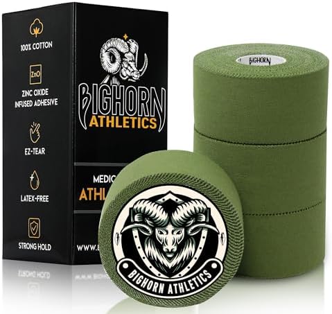 Bighorn Athletics OD Green Sports Tape | EZ-Tear Athletic Tape for Wrist, Ankle & Foot Support | Zinc Oxide Infused Adhesive, Breathable Cotton Fabric, 1.5-Inch x 45-Feet, 4 Rolls, Military Green