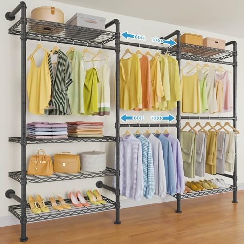 Timate F3 Garment Rack Heavy Duty Clothes Rack for Hanging Clothes, Expandable Industrial Pipe Wall Mounted Clothing Racks, Adjustable Storage Wardrobe Closet Kit Walk in Closet Systems, Black