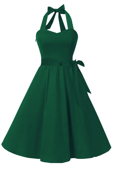 Topdress Women's Vintage Polka Audrey Dress 1950s Halter Retro Cocktail Dress Emerald Green M