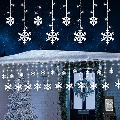 Christmas Snowflake Lights Outdoor, 17.22ft 264 LED Snowflake Icicle Lights with 22 Drops, 8 Modes connectable Plug In Christmas Light Waterproof for Eaves, Garden, Indoor & Outdoor Xmas Decor (White)