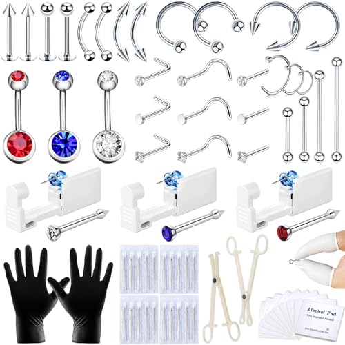 70 Pcs Body Piercing Kit for All Body Piercings Nose Piercing Gun Stainless Steel Piercing Jewelry with 12G 14G 16G 20G Piercing Needles for Ear Cartilage Tragus Nose Septum Lip Eyebrow