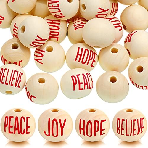 100 Pieces Christmas Wood Bead Christmas Words Sign Greeting Words Beads Wood Balls Ornament Balls Farmhouse for DIY(Popular,Red Print)