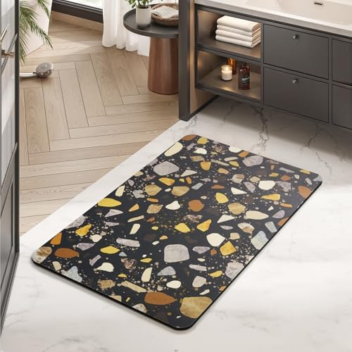 MontVoo -Bath Mat-Non Slip Thin Bathroom Rugs Fit Under Door- Quick Dry Absorbent Faux Suede Surface Grey Bathroom Floor Mats-Shower Rug for in Front of Bathtub Shower Black & Multi Color 17x27.5