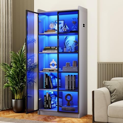65" Tall Display Cabinet with Doors, Lighted Bookcase with Lights/Human Sensor, 5 Tier Display Case with Adjustable Shelves for Collectibles Bedroom Living Room Office, Grey-Smoked Black Door
