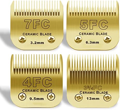 Detachable Pet Dog Grooming Clipper Ceramic Blades Set,Compatible with Andis,Oster A5,Wahl KM10 Series Clippers,Size 7FC/5FC/4FC/3FC 4 Pack,Gold